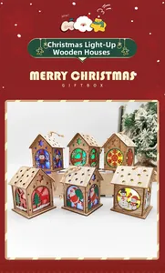 Detail view showing six variants of illuminated wooden Christmas houses with LED lights