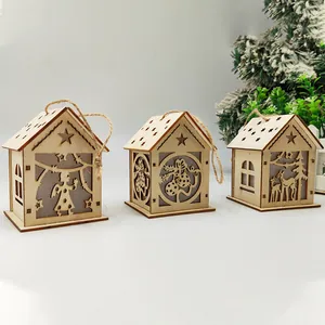 Christmas Glowing Wood House Hanging Ornament LED Light Paulownia Wood Snowman Elk Design Holiday Home Decoration