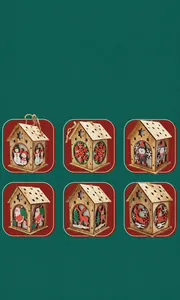 Detailed view of six different laser-cut wooden Christmas light-up house ornaments