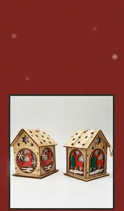Detail of wooden Christmas house ornament featuring reindeer and tree patterns