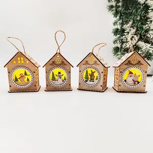 Wooden Christmas Glowing House LED Light Up Ornament Santa Snowman Elk Pattern Hanging Xmas Tree Decoration Home Decor