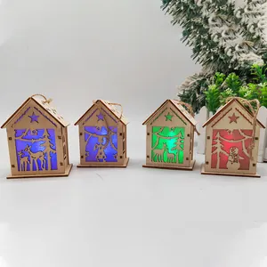Set of four wooden Christmas cabin ornaments with LED lights and holiday deer patterns