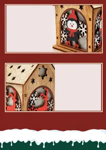 Detail of wooden Christmas house with reindeer patterns and star cutout lighting