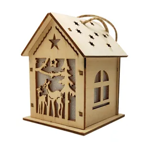 Nordic wooden Christmas cabin ornament with laser-cut deer forest design and twine hanger