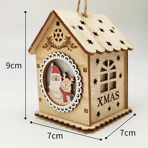 Wooden Christmas hanging house with Santa and reindeer patterns and stars 9x7cm