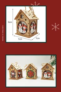 Detail showing lighted wooden Christmas house ornaments with 9cm height and 7cm base dimensions