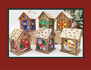 Macro detail of six light-up wooden Christmas house ornaments with festive colorful patterns