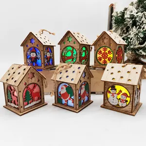 Luminous Wooden Christmas House Ornaments LED Light Up Hanging Decoration For Xmas Tree Home Party Decor Santa Elk Snowman Paulownia Wood Craft