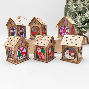 Luminous wooden Christmas house ornaments with reindeer and snowman hanging decorations