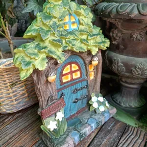 Fairy tree house resin statue with Welcome sign and glowing windows for garden decor