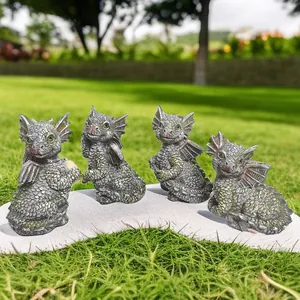 Set of four cute resin garden dragon statues with stone texture for outdoor decor