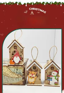 Three wooden Christmas house ornaments with Santa, reindeer, and snowman designs