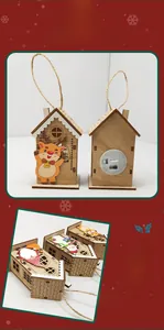 Detail of wooden Christmas house ornament with LED light, reindeer and Santa prints