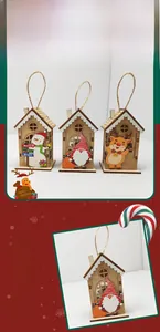 Three-piece set of wooden Christmas house ornaments with snowman and Santa illustrations