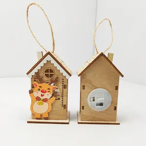 Hanging wooden Christmas cabin ornaments with reindeer decor and warm LED light function