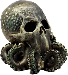 Detailed view of Cthulhu octopus skull statue with antique bronze finish and green patina