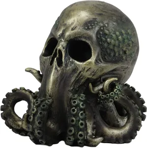 Macro detail of resin Cthulhu skull octopus statue with antique bronze finish texture