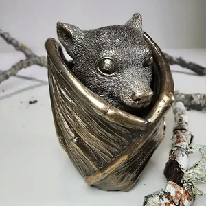 Gothic bat sculpture jewelry box for Halloween home decor in bronze metal finish