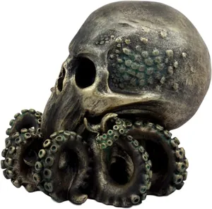 Close-up of bronze-finished Cthulhu skull octopus statue with detailed suction cups
