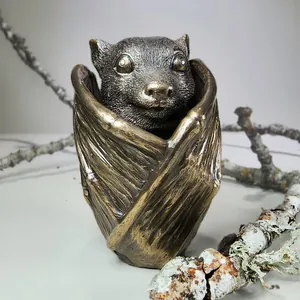 Gothic bat jewelry box organizer in bronze metal finish with fine wing carving details