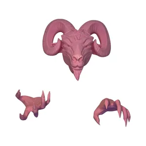 Pink resin ram head with horns and clawed hands wall hanging set for home decor