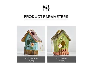Detail view of colorful resin birdhouse garden ornaments with product size parameters