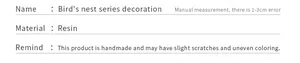Handmade resin bird nest decoration details with sizing and material specifications