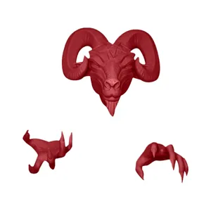 Red resin ram head statue with curved horns and matching claws for wall decoration