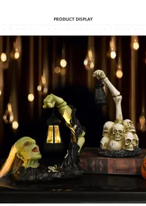 Detailed view of Halloween resin zombie and skeleton hand lanterns with built-in lights