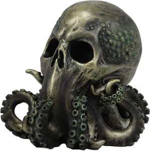 Bronze Cthulhu skull statue with octopus tentacles for gothic tabletop decoration