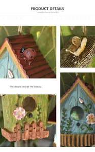 Detailed view of resin birdhouse featuring hand-painted ladybug and flower ornaments