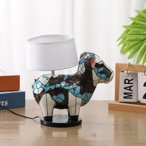 Creative animal-shaped LED lamp with colorful mosaic bull resin statue and white shade