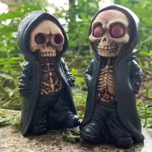 Halloween Resin Grim Reaper Skeleton Figurine Q Version Ghost King Queen Statues Gothic Hooded Skeleton Ornaments Home Party Desktop Decor