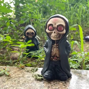Gothic reaper skeleton figurines with black hooded robes for home and garden decor