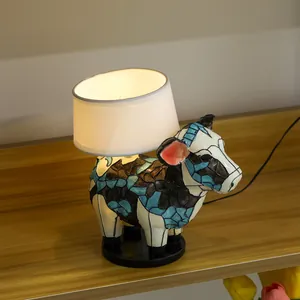 Creative resin cow table lamp with colorful mosaic base and white cylinder shade