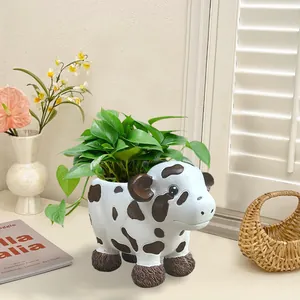 Cartoon Cow Shape Resin Succulent Planter Creative Cute Animal Flower Pot For Indoor Home Garden Office Desktop Decor