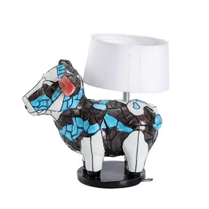 Artistic sheep table lamp with blue mosaic patterns and a white cylinder fabric lampshade
