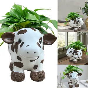Cute cow shaped resin succulent planter pot with realistic spots for indoor garden decor