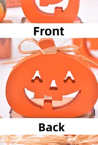 Front and back detail of rustic wooden pumpkin ornament with raffia bow for Halloween