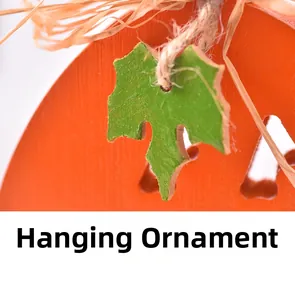 Detail of wooden pumpkin hanging decor with natural jute rope and raffia accent