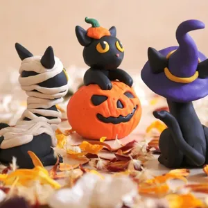 Halloween resin cat figurines set featuring mummy, pumpkin, and purple witch hat cat