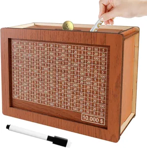 Hucha de madera con contador y objetivo de 10.000 dólares con rotulador