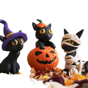 Halloween miniature resin figures featuring witch cat, pumpkin cat and mummy cat ornaments