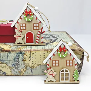 Christmas Wooden Gingerbread House Hanging Ornament Wood House Pendant With Bow For Xmas Tree Party Home Decoration