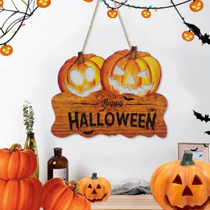 Wooden Halloween pumpkin door sign with LED lights and Happy Halloween text