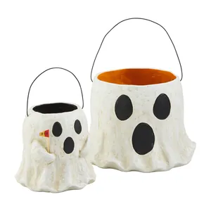 Ghost Halloween treat buckets set with Boo flag and wire handles on white background