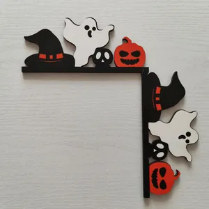 Detailed view of Halloween wood door corner decor with ghost, witch hat, and pumpkin