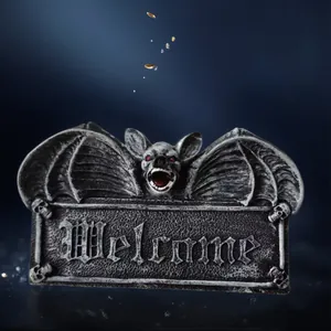 Gothic resin flying bat welcome sign ornament with vintage stone texture for Halloween