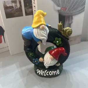 Garden gnome tire ornament with colorful resin gnomes and welcome sign for outdoor decor