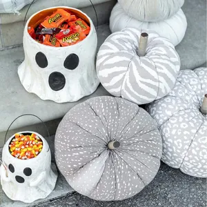 Ghost Halloween treat buckets with stylish leopard and zebra print decorative pumpkins